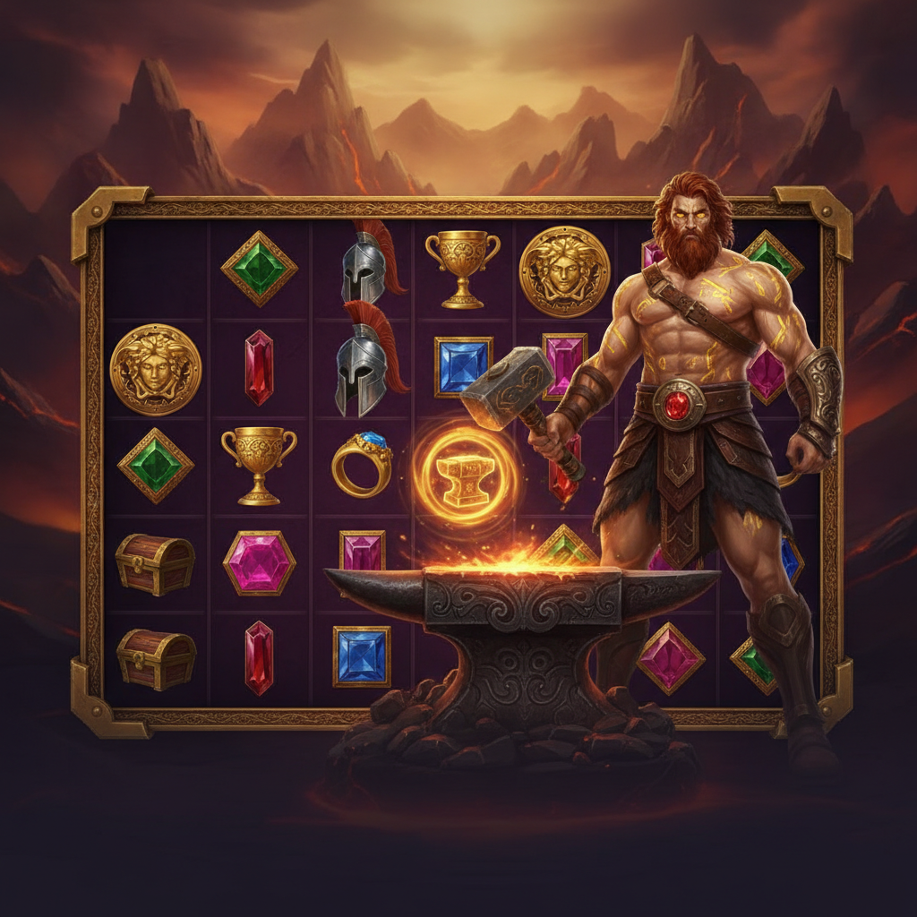 Forge of Olympus slot featuring Hephaestus the Greek god at his divine anvil with glowing volcanic forge, golden symbols including Medusa shield and warrior helmet against fiery mountain background