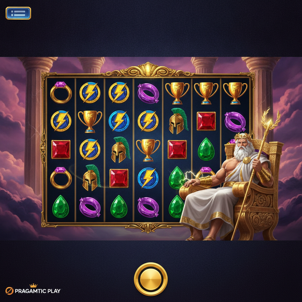 Fortune of Olympus slot game showing Zeus on golden throne with 7x7 cluster grid, lightning bolts, golden helmets, ruby gems, and purple shields on Mount Olympus cloudy background