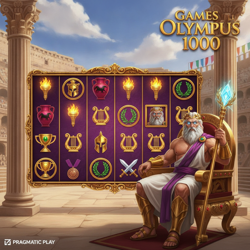 Games in Olympus 1000 slot game showing Zeus on golden throne in ancient colosseum with 6x5 grid, purple reels, golden torch and amphora symbols