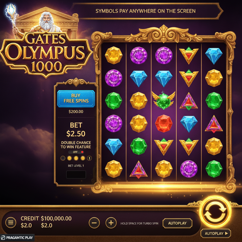 Gates of Olympus 1000 slot machine showing Zeus portrait, golden temple columns, 6x5 grid with colorful gem symbols including crowns, orbs and scatter symbols on purple celestial background