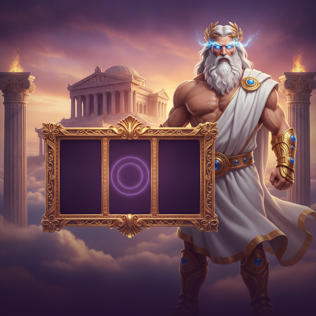 Gates of Olympus Pachi slot featuring Zeus with glowing blue eyes, golden laurel wreath crown, Greek temple with classical columns, purple sunset sky, and ornate golden frame