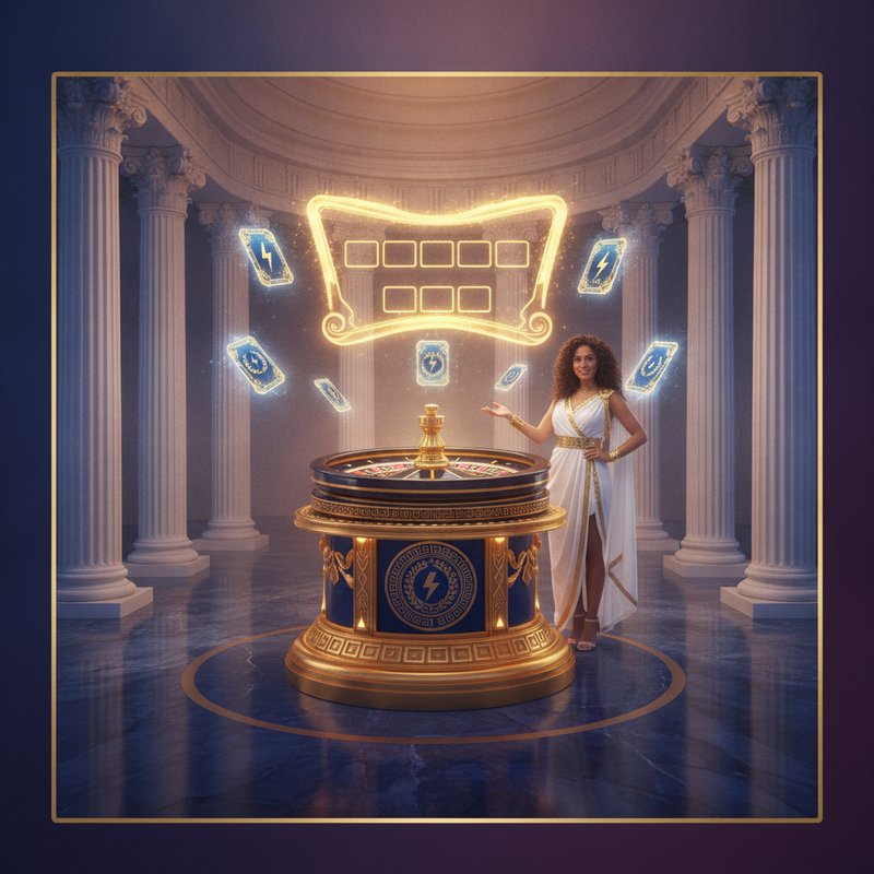 Gates of Olympus Roulette live casino studio featuring Zeus-themed Greek temple setting with white marble columns, golden ornamental wheel pedestal, live presenter in Grecian attire, bonus number scroll frame, and lucky number multiplier cards floating above European roulette wheel