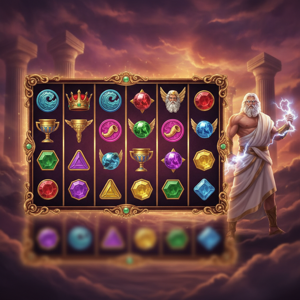 Gates of Olympus slot featuring Zeus with lightning bolt, golden Greek columns, purple and pink clouds, and glowing gemstone symbols on divine game grid
