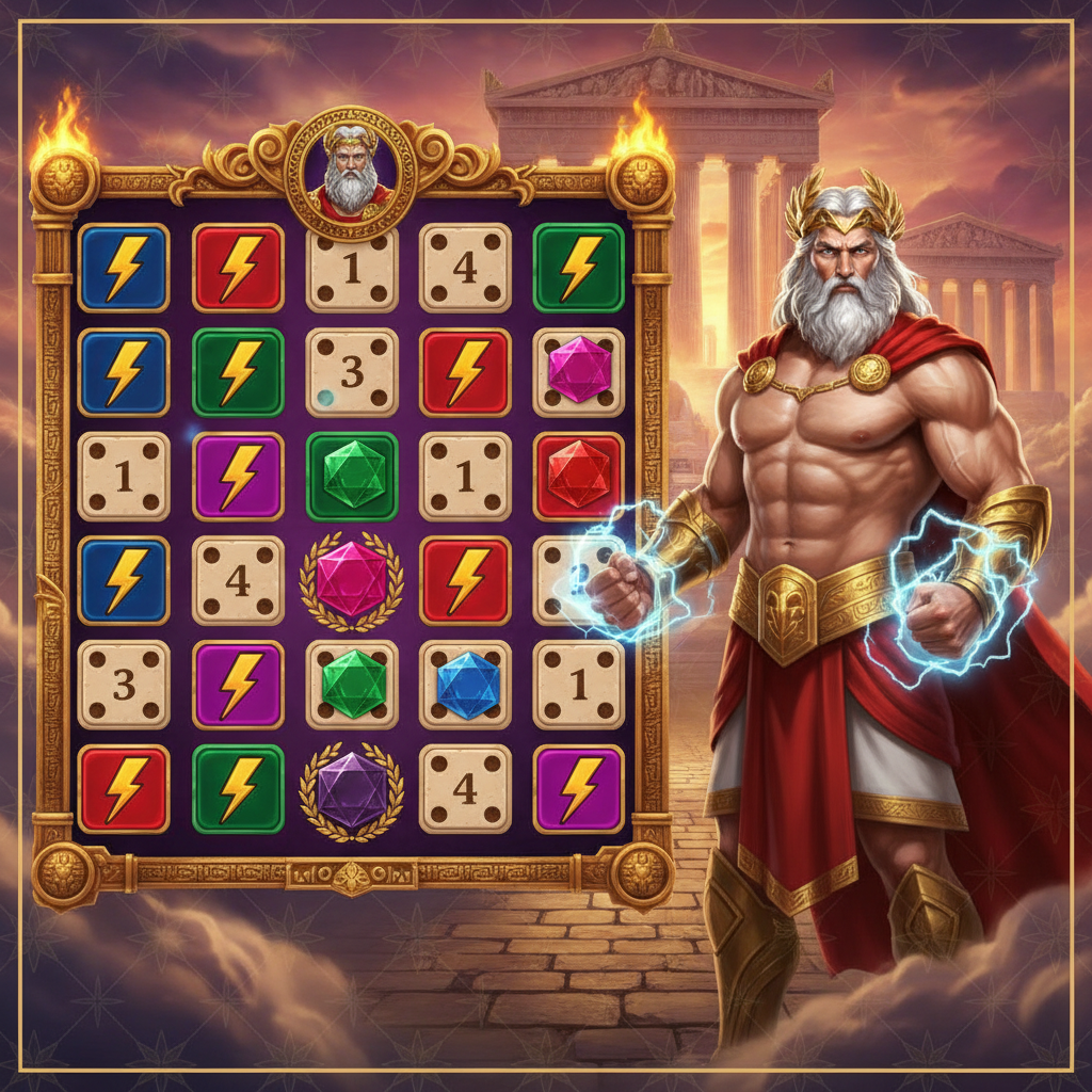 Gates of Olympus 1000 Dice slot game featuring Zeus character with white beard and golden crown standing before purple Mount Olympus temple columns with lightning bolts and polyhedral dice symbols on 6x5 grid