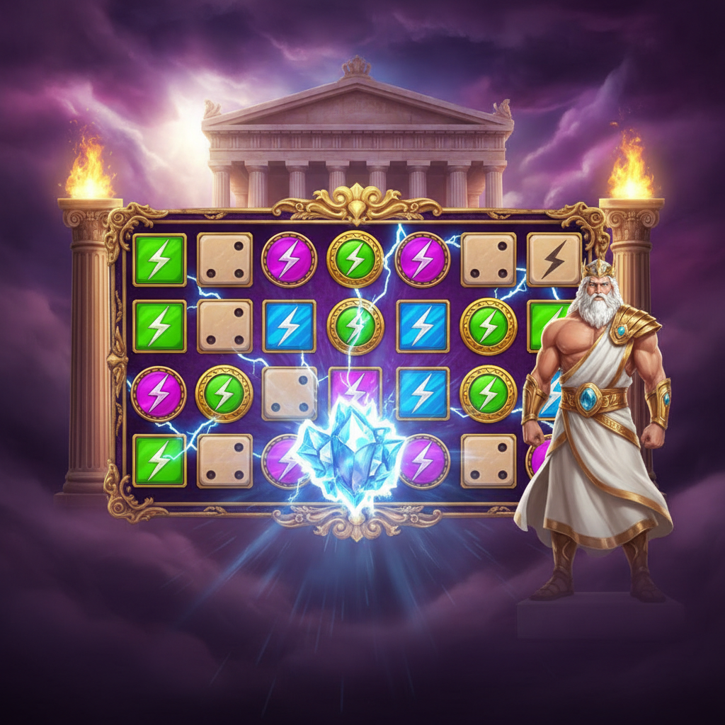 Gates of Olympus Dice slot with Zeus character, golden temple columns, electric blue lightning effects, beige dice symbols, and glowing multiplier badges on purple sky background