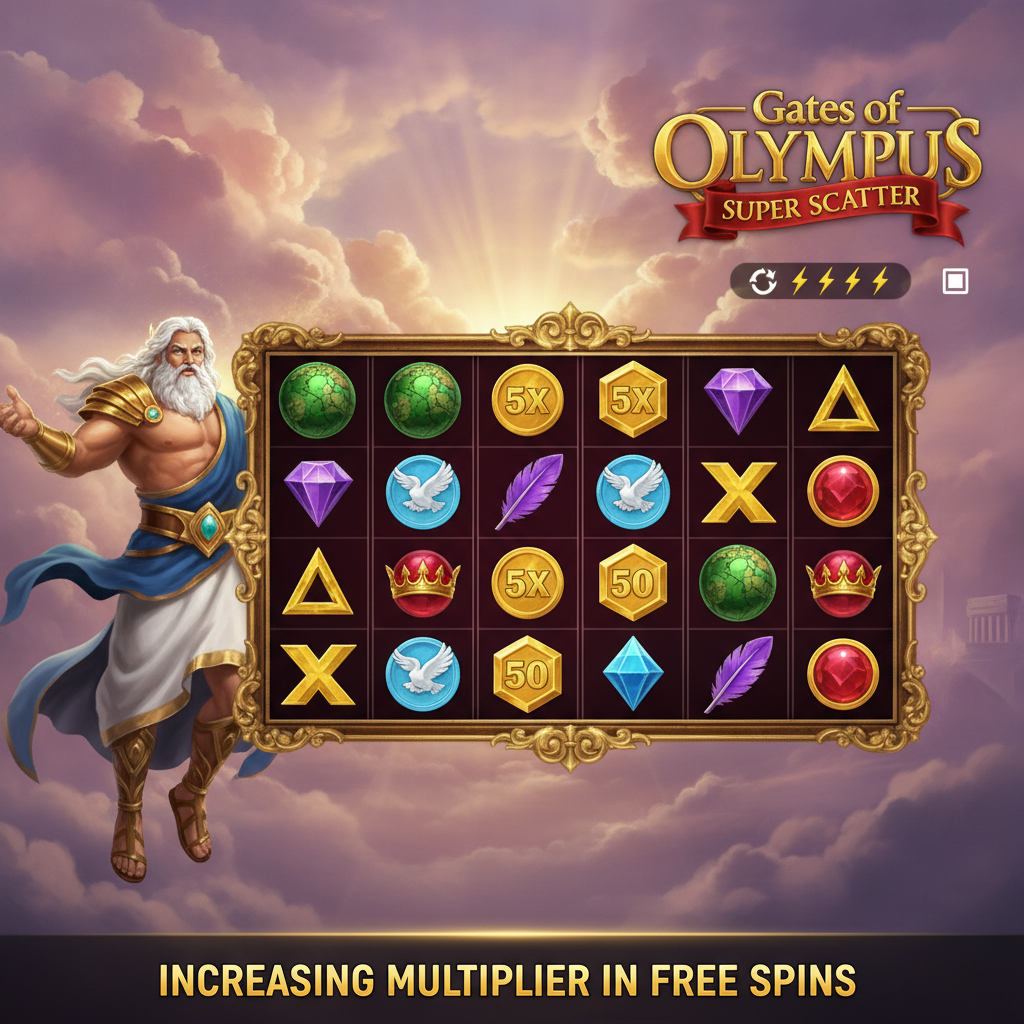 Gates of Olympus SUPER SCATTER slot showing Zeus in golden armor on clouds, 6x5 reels with golden frame, multiplier coins, purple gem symbols, and divine sky background
