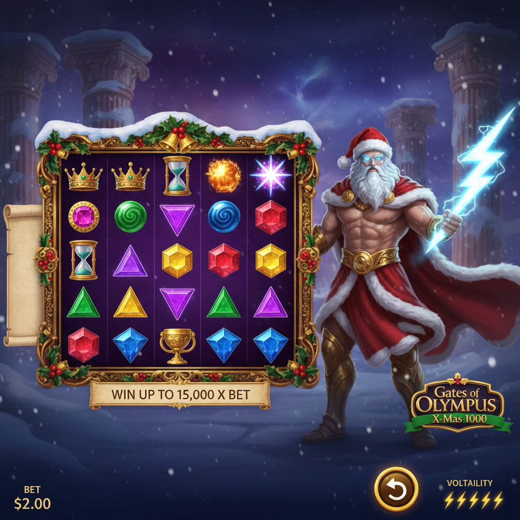 Gates of Olympus X-Mas 1000 slot featuring Zeus in Santa outfit with lightning bolt, golden temple columns covered in snow, 6x5 grid with gem symbols and multiplier orbs