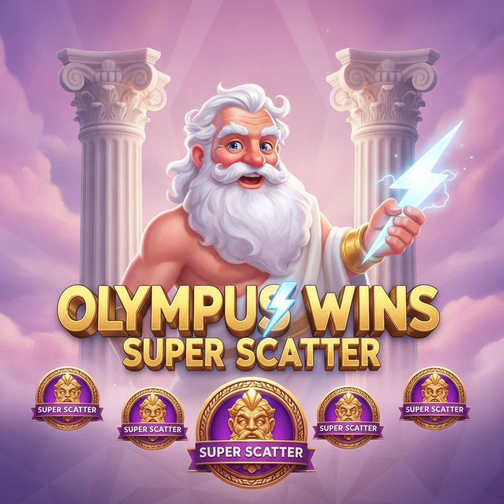 Olympus Wins Super Scatter slot featuring Zeus character holding blue lightning bolt with golden logo, marble Greek columns, purple pink cloudy sky, and Super Scatter symbols