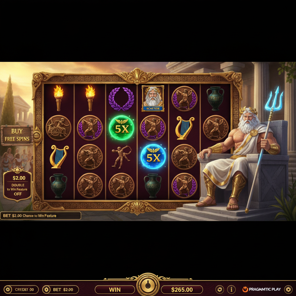 Games in Olympus slot with Zeus on marble throne, Greek columns, Olympic torch, laurel wreath and bronze athlete coin symbols on 6x5 grid