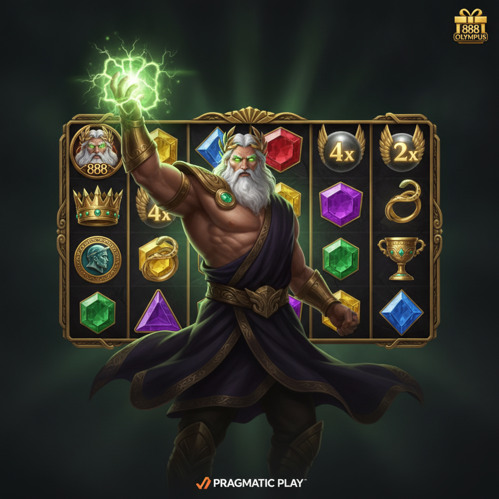 888 of Olympus slot game featuring Zeus with glowing green eyes, golden armor, white flowing beard, holding lightning orb against Greek temple backdrop with 6x5 gem grid